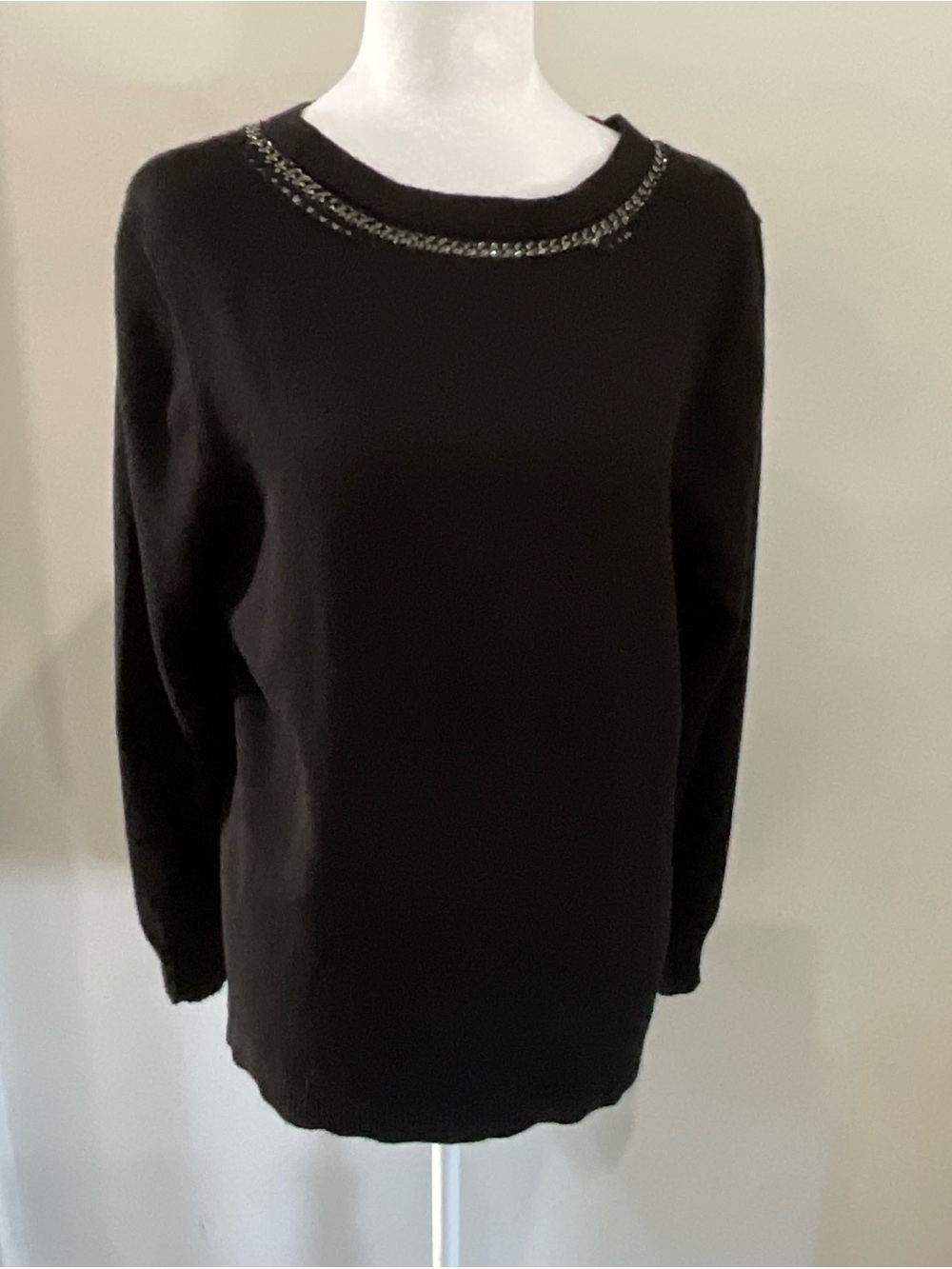 Chico's Black Crewneck Sweater with Metallic Chain Detail